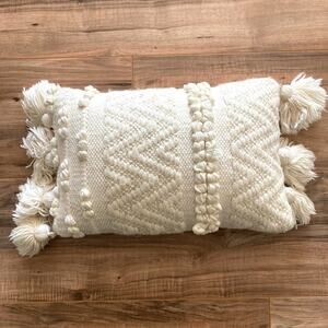 Creative Co-op Lumbar Pillow Cream Textured Tassels Poms Chevron Boho 14x8.5